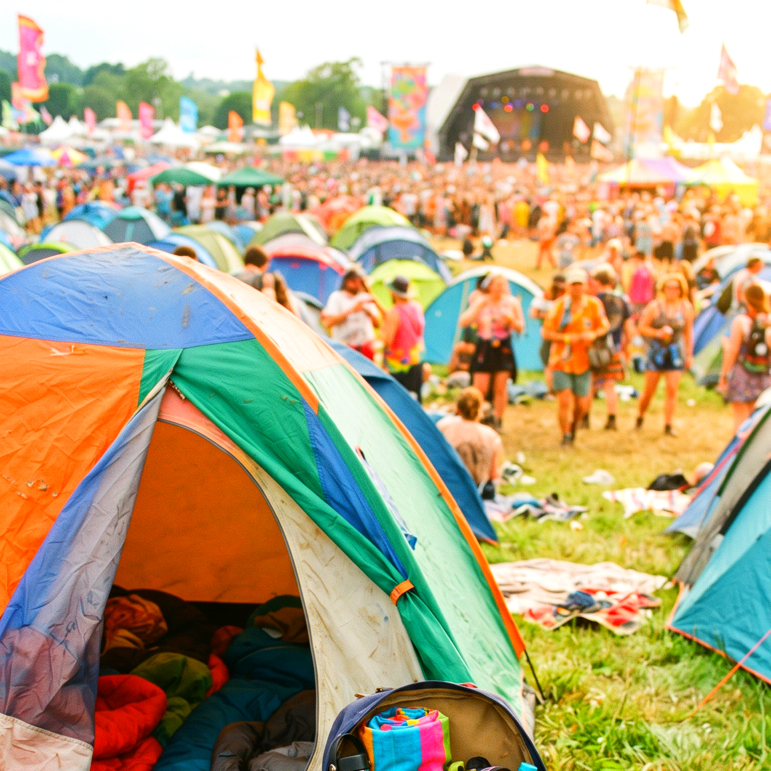 Mochila e barraca para camping em festival de música